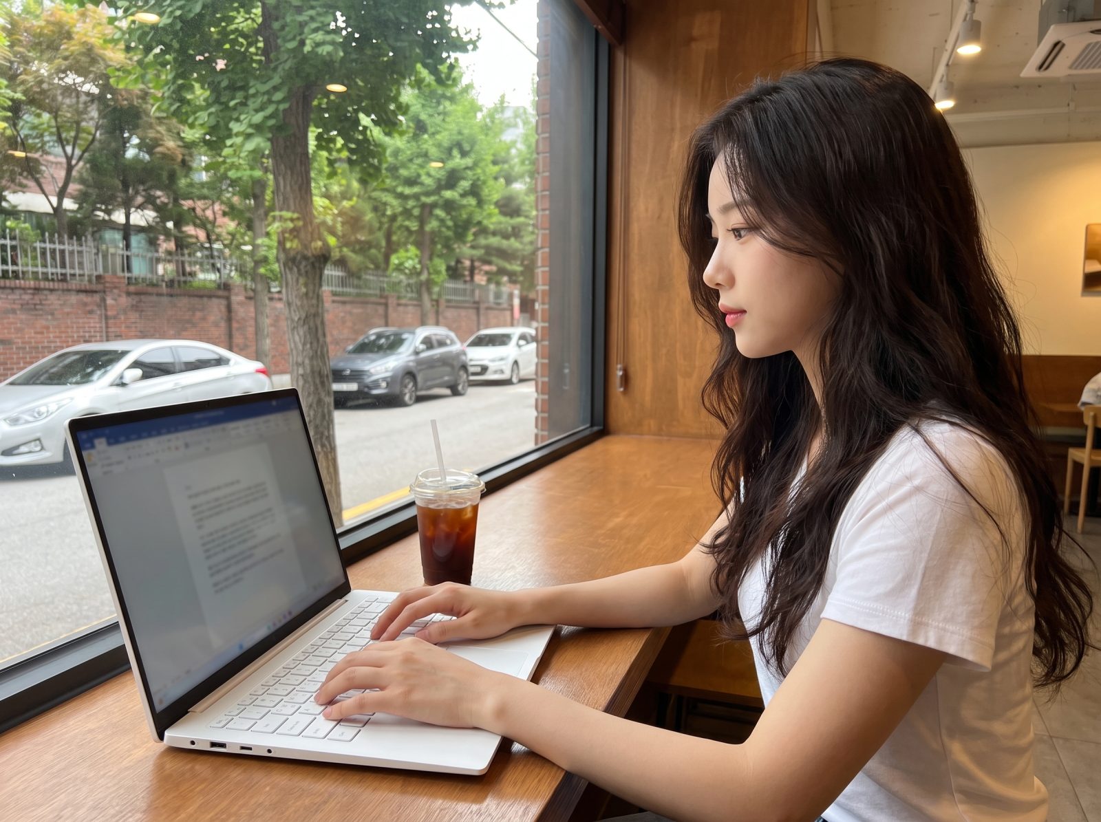 카페에서 베이직북16으로 과제하는 모습