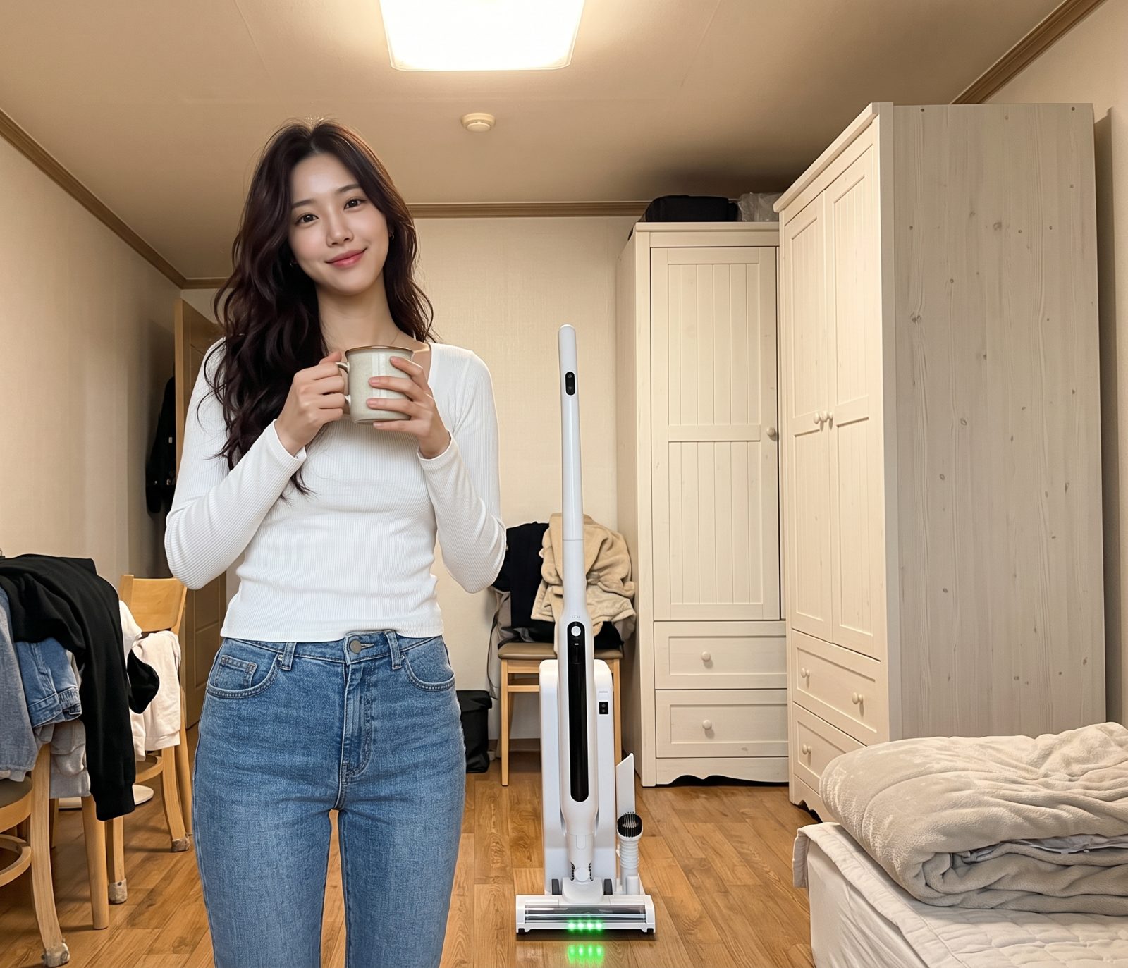 원룸 한쪽에 세워 둔 더 라이트, 손잡이 높이가 가슴께까지 온다