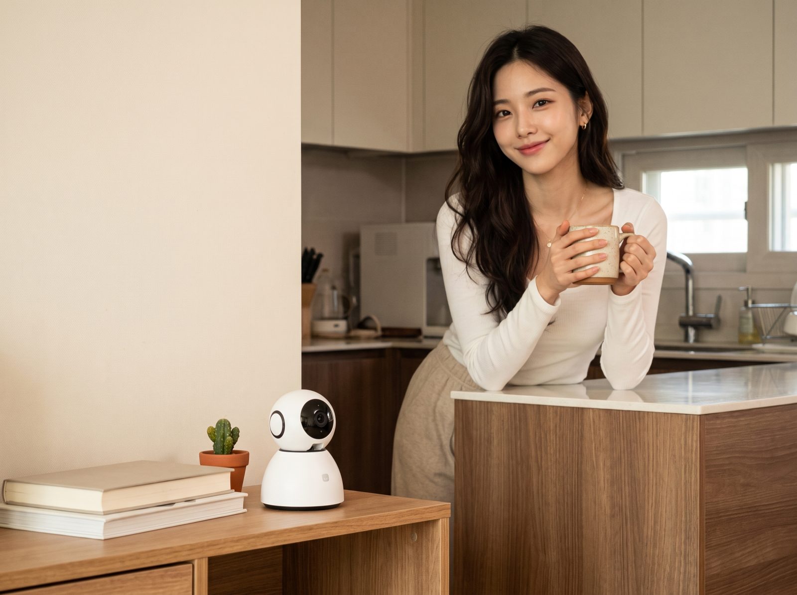 홈캠은 놓는 자리가 절반입니다. 집 안이 넓게 잡히는 모서리 쪽 선반이 무난해요.