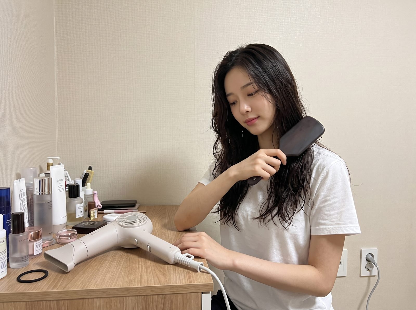 화장대에서 JMW 플린으로 머리 말리는 모습