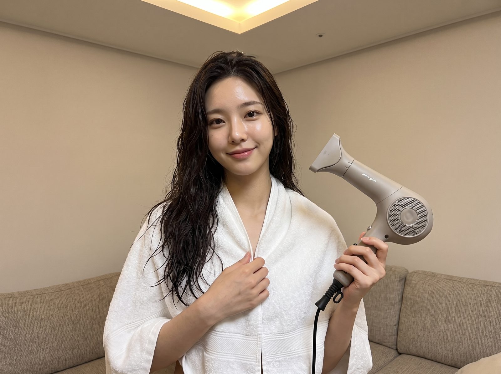 욕실에서 JMW 플린을 들고 있는 모습