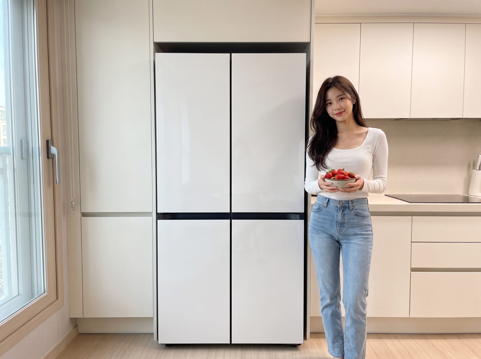 화이트 플랫 패널이라 밝은 주방 톤에 그대로 섞입니다.