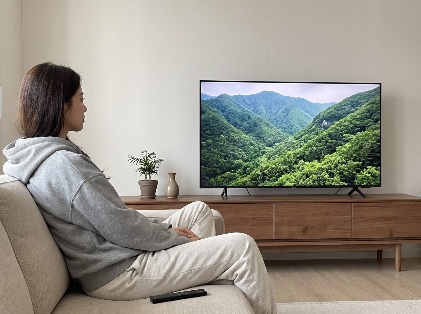65인치를 낮은 거실장에 올리면 화면이 이만큼 찹니다. 시청 거리부터 확인해 보세요.